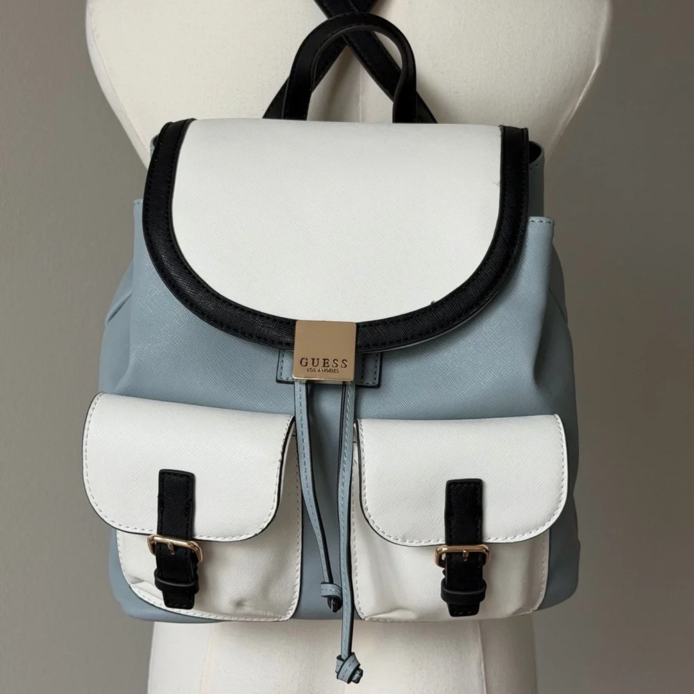 Everyday GUESS Gammill White, Light Blue & Black Dual Buckled Pockets Backpack